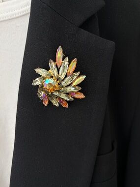 Vintage Aurora Borealis Rhinestone Flower Brooch Gold Tone Pin